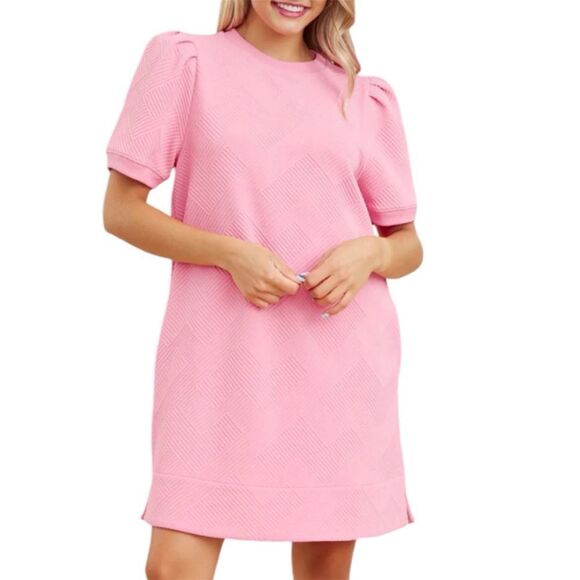 Ellie Textured Geometic Short Puff Sleeved Dress Stretchy Pockets XXL - Picture 1 of 11